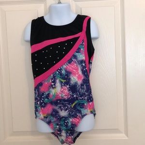Girls one piece gymnastics leotard.